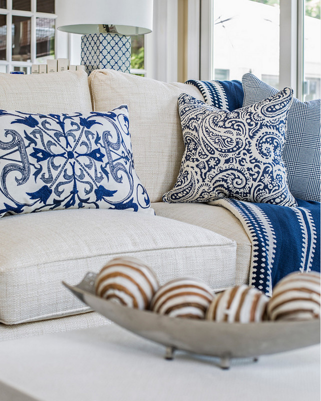 Pillows. Living room pillows Blue and white living room pillows on linen sofa. Kim E Courtney Interiors & Design Inc.