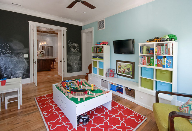 Playroom. Blue paint color. Chalkboard paint. Playroom Paint Color. Playroom Layout. Playroom Design. Playroom Furniture.