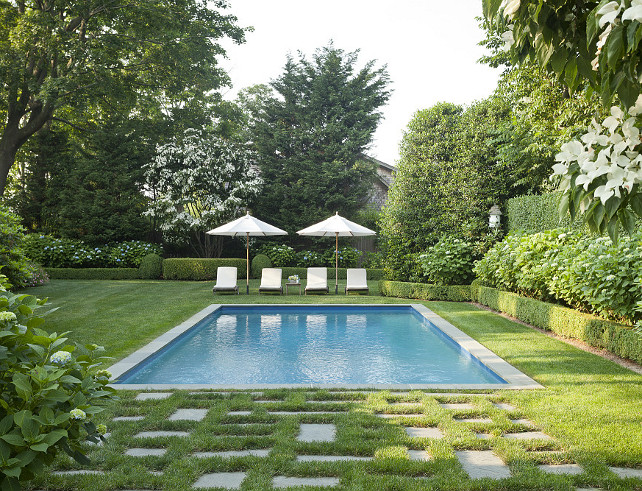 Pool Backyard. Classic Pool backyard Ideas. Pool backyard with mature landscaping in the Hamptons. #Pool #Backyard #ClassicPool Jenny Wolf Interiors.