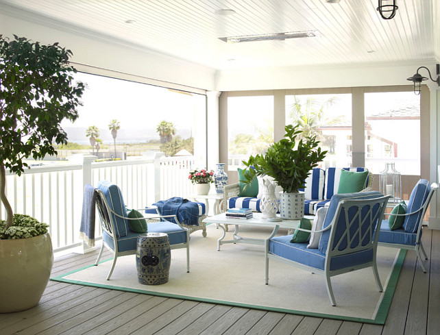 Porch Furniture Ideas. Outdoor Furniture Ideas. The porch is furnished with weather-resistant furniture by Frontgate upholstered in Sunbrella fabrics. Burnham Design. #Porch #OutdoorFurniture