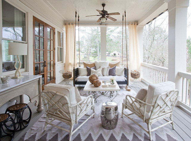 Porch Swing. Back Porch with porch swing. Porch Swing pillows. Porch Swing Cushion. #PorchSwing Lindsey Hene Interiors.