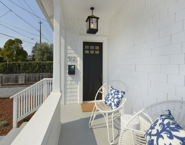 Porch. Porch with white chairs. Porch with white chair with blue and white pillows. #Porch #FrontPorch #WhiteChairs
