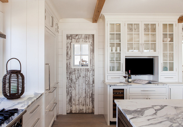 Reclaimed Door. Kitchen with reclaimed door. White kitchen with reclaimed door. Cottage kitchen with reclaimed pantry door. #Kitchen #reclaimed #Door #WhiteKitchen