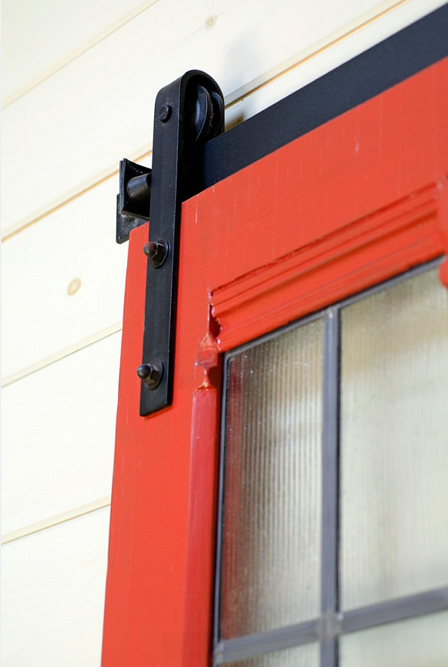 Red Vintage door. Barn door hardware. Kristina Crestin Design.