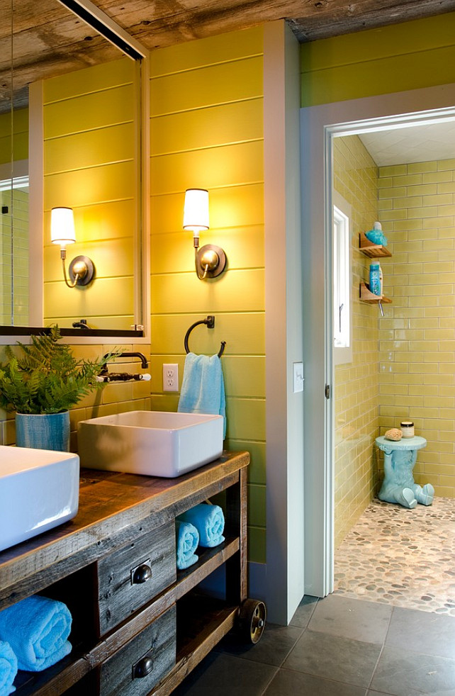 Rustic Bathroom with reclaimed wood cabinet. Rustic Bathroom with reclaimed wood vanity cabinet and reclaimed plank wood ceiling. #Ructic #Bathroom #ReclaimedWood #Ceiling #Vanity #cabinet Kristina Crestin Design.