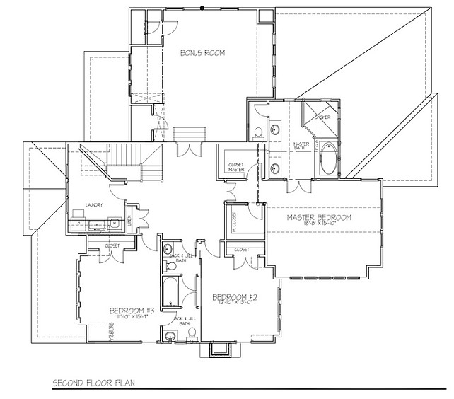Scond Floor Floor Plan. Second floor floor plan with three bedrooms, upstairs laundry room and bonus room. #Floorplan #SecondFloor