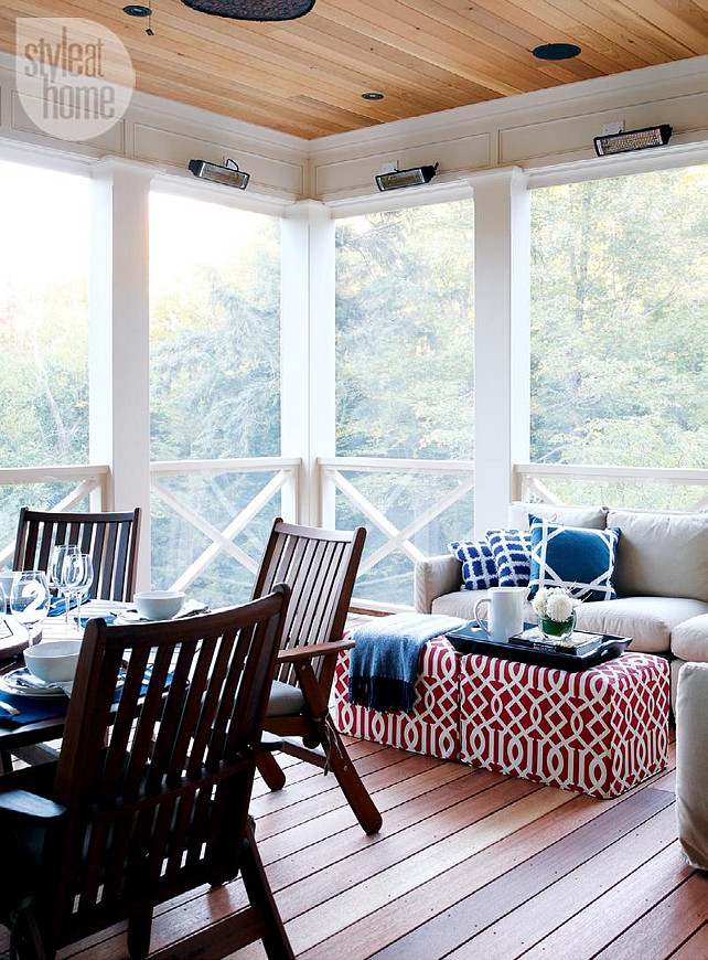 Screened Porch. Decorating and Furniture Ideas for Screened Porch. Screened-in porch with cedar ceiling and floor. #ScreenedPorch #Furniture #Decor Via Style at Home.