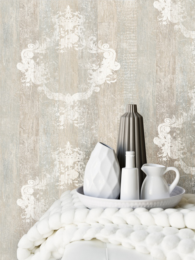 Serenity Sand Faux Wood Damask Overlay Wallpaper #FauxWood #fauxBois #Damask #Overlay #Wallpaper