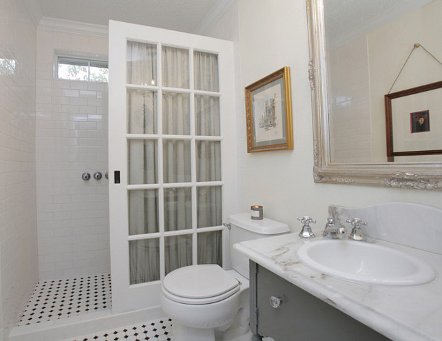 Shower Door Ideas. The shower is a standard 5 ft x 30" opening,...the same dimensions you would have for a standard bath tub. The French door I used is 36" wide and 79" height. This size door allows you enough room to walk through and keeps most of water in the shower....I used a rain shower head to direct the water straight down. The room is essentially a wet room so any water that gets out we just wipe it up. #Shower #Door #ShowerDoor Lindsay von Hagel.