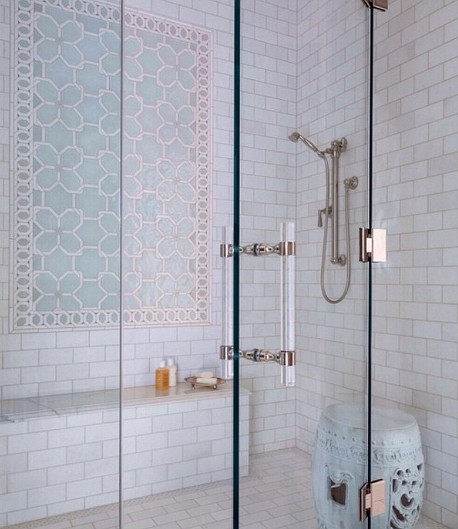 Shower Tiling Design. New Shower Tile Design Ideas. The Shower Tiles are from Ann Sacks. Shower tiling with garden stool in the shower. #ShowerTiling #AnnSacks Collins Interiors