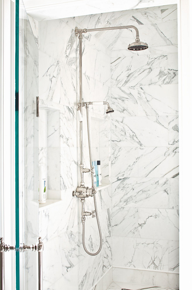 Shower Tiling Ideas. Shower Design. Shower with marble tiles. #Shower #Bathroom #ShowerTiling #ShowerIdeas Alisberg Parker Architects.