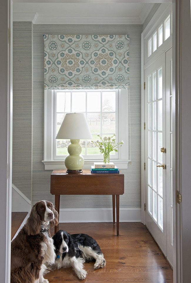 Small Foyer Ideas. Small Foyer with grasscloth wallpaper. Blue and gray small foyer. #Foyer #SmallFoyer Kerry Hanson Design.