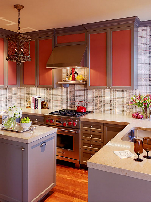 Small Kitchen. Small NY Kitchen. NY Style Kitchen. Apartment Kitchen. Painted kitchen Frame and panel cabinets, gray kitchen, lantern, painted cabinets, plaid wallpaper, plaid mosaic tiles, red kitchen, small kitchen layout, wood floor Jay Jeffers Home.