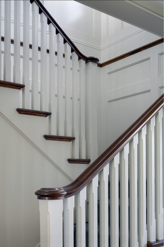 Staircase Millwork Ideas. Classic Staircase Millwork Ideas to keep in mind. This panel moulding is by Anderson McQuaid. Paint Color is 50% China White, 50% Linen White by Benjamin Moore. #Millwork #Moulding #PanelledWalls #Panelling #Staircase