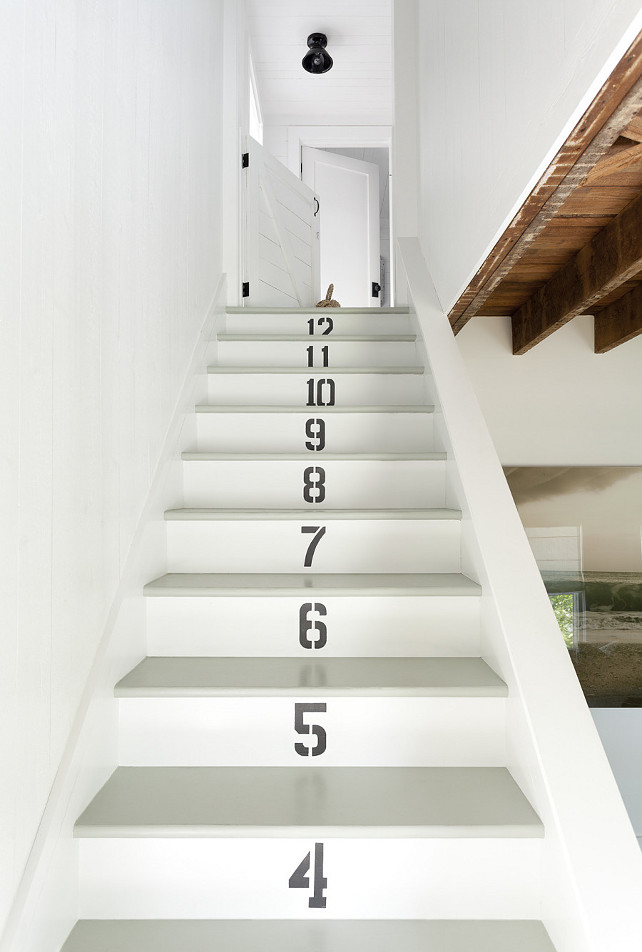 Staircase with Numbered Steps. Staircase accentuated with painted numbers with stencils. #NumberedSteps #Stairs #Stencils Jenny Wolf Interiors