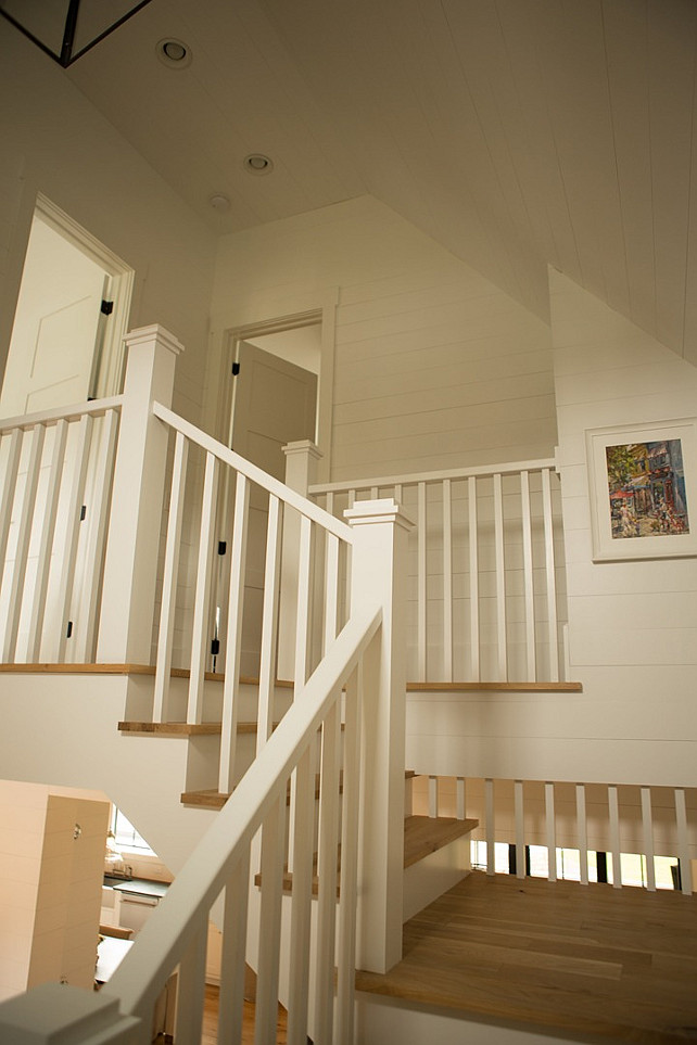 Staircase with shiplap wall. Staircase with white shiplap wall. #Staircase #White #Shiplap #Walls #ShiplapWall Hahn Builders.