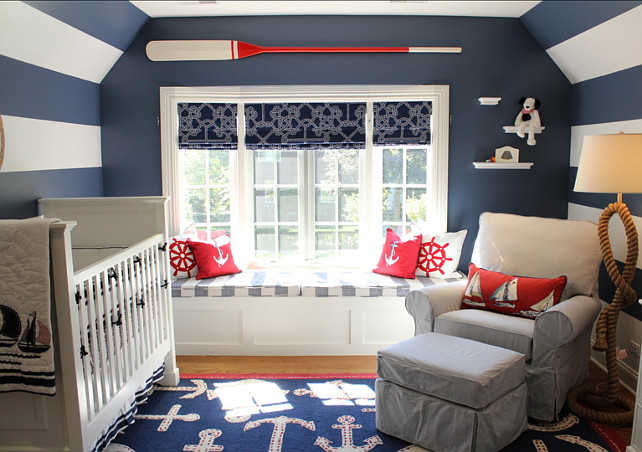 Coastal Themed Nursery. Beautiful Coastal Themed Nursery. Paint Color: Benjamin Moore Newburyport Blue for the stripes and flat wall color. #Benjamin Moore #NewburyportBlue 