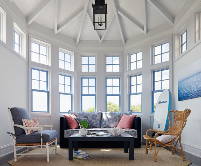 Sunroom. Coastal Sunroom. The couch in this sunroom is from Lee Industries. #Sunroom Andrew Howard Interior Design.