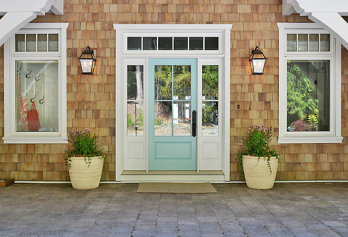 Blue Front Door. Turquoise Blue Front Door. The paint color is by Farrow and Ball, Number 210, Blue Ground. #Farrowandball210 #FarrowandballBlueGround #FrontDoor #Door #BlueDoor #turquoiseDoor Sunshine Coast Home Design.