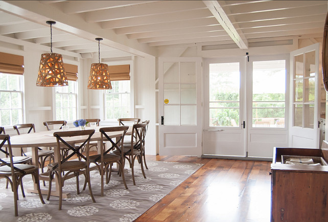 Dining Room Ideas. Great Dining Room Design Ideas. The The lights in this casual dining room are from Serena + Lilly. The flooring is antiqued pine from Tallon Lumber. #diningRoom #DiningRoomDesign #DiningRoomDecor