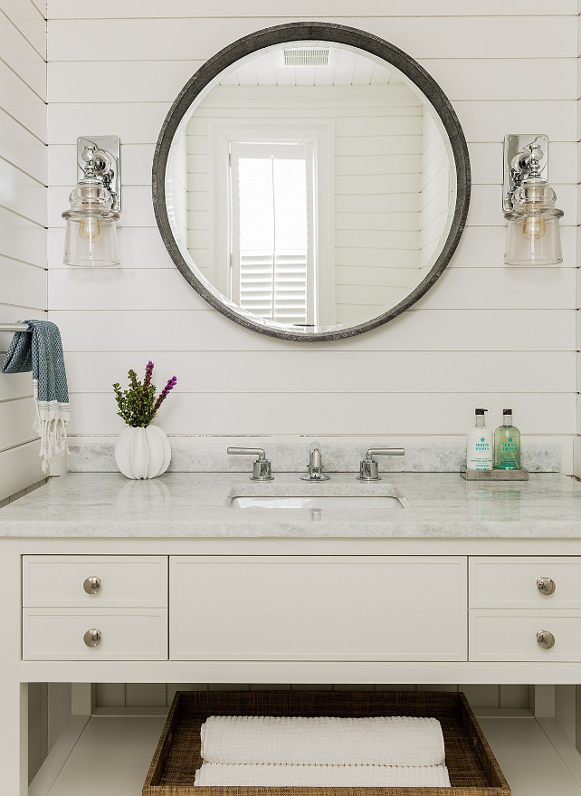 Tongue and Groove Bathroom. Bathroom features tongue and groove paneling painted in a creamy white paint color. #Bathroom #TongueandGroove #CreamyWhite Jennifer Palumbo.