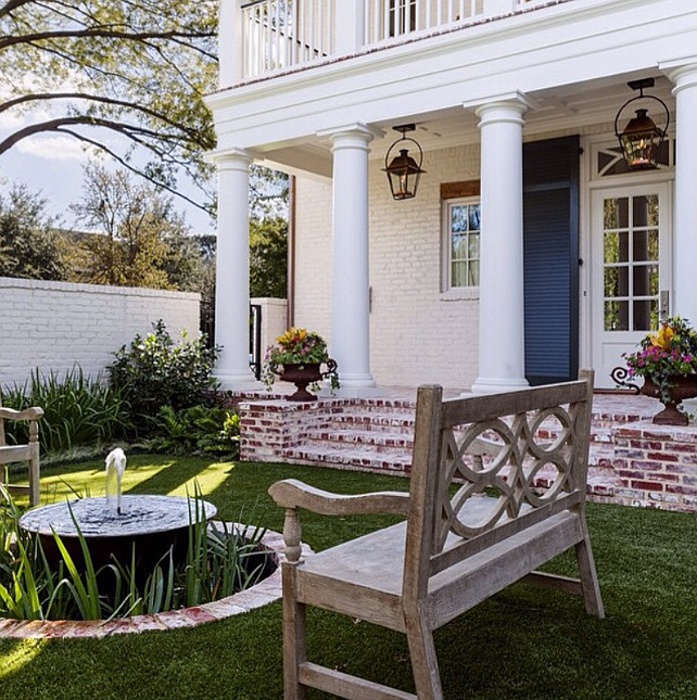 Traditional Front Yard. Traditional Front Yard ideas. Traditional home Front Yard. Front porch with gas lanterns. #Traditional #FrontYard Collins Interiors.