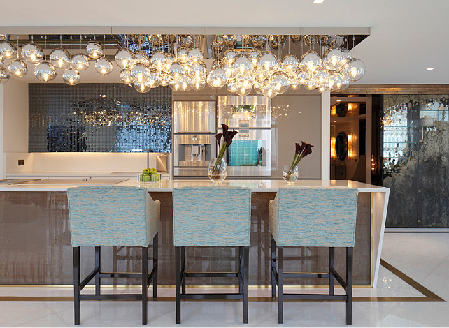 Transitional Kitchen Lighting. Transitional kitchen with glass ball chandelier. #Kitchen #TransitionalKitchen #Lighting Rocco Borghese.