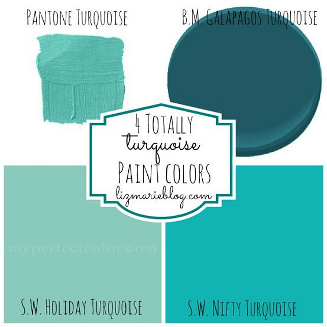 Turquoise Paint Color. Pantone Turquoise, Benjamin Moore Galapos Turquoise, Sherwin Williams Holiday Turquoise, Sherwin Williams Nifty Turquoise. #Turquoise #TurquoisePaintColor 