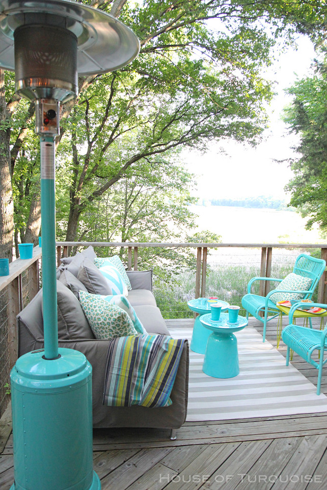 Turquoise Patio Design. Outdoor deck with turquoise patio furniture and turquoise accents. #Turquoise #Patio #TurquoiseFurniture #TurquoiseAccents House of Turquoise.