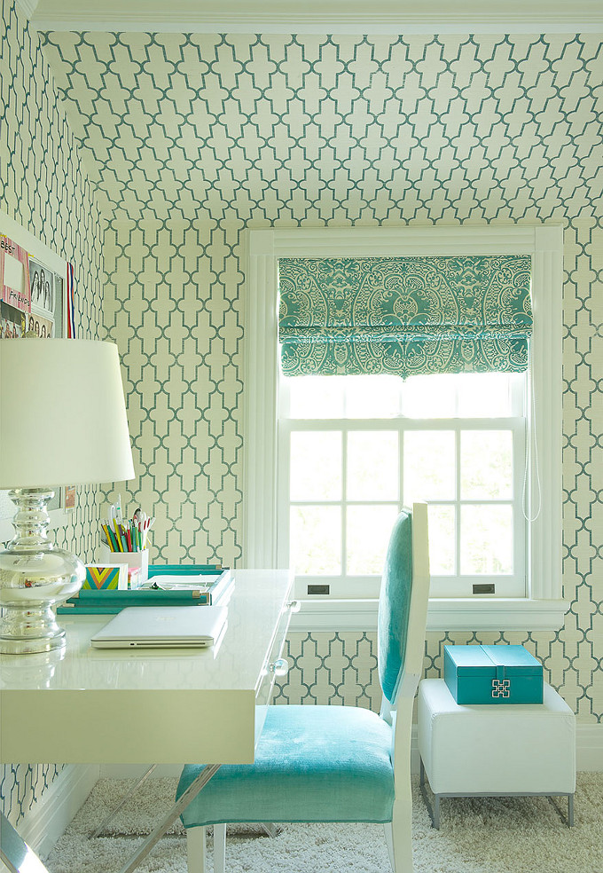 Turquoise Wallpaper. Home Office. Laura Tuntun Interiors.