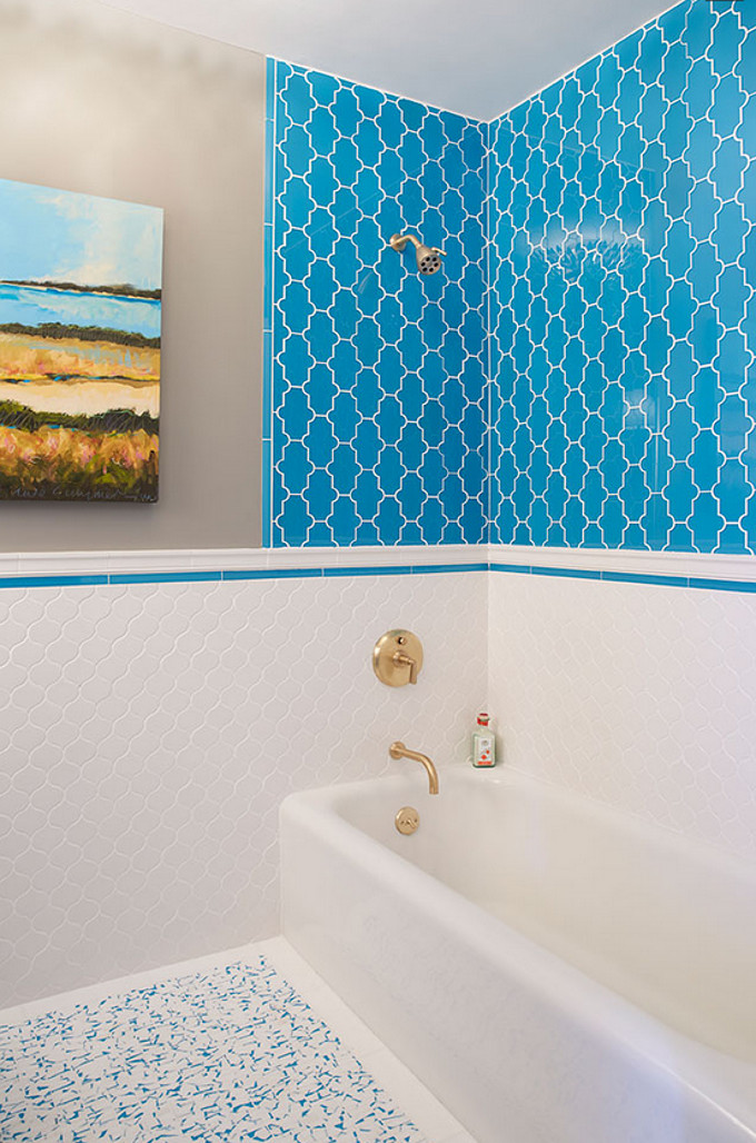 Turquoise and white Arabesque Bathroom Tile. Artistic Designs for Living.