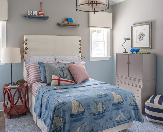 Two Tone Walls. Kids Bedroom Ideas. Kids Bedroom Decorating Ideas. Kids Bedroom Paint Color Ideas. Upper walls painted gray, Benjamin Moore Gray Huskie, and lower walls painted blue, Benjamin Moore Santorini Blue. #KidsBedroom