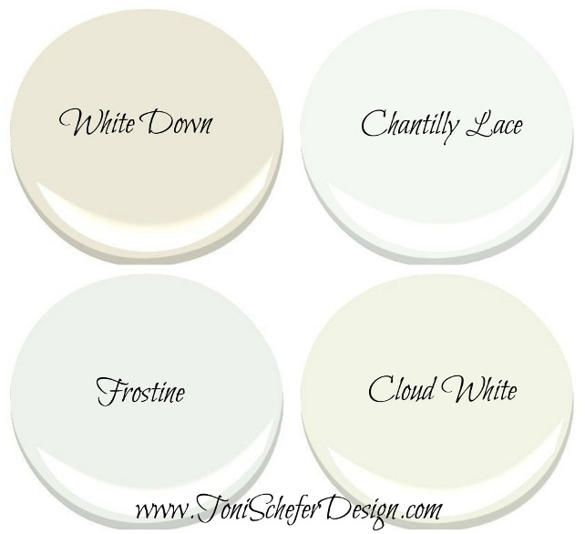White Cabinet Paint Color by Benjamin Moore. White Down Benjamin Moore (Ivory Cabinet Paint Color). Chantilly Lace Benjamin Moore (True White Cabinet Paint Color). Frostine Benjamin Moore (White with a hint of Gray Cabinet Paint Color). Cloud White Benjamin Moore (Off-White Cabinet Paint Color) Via Toni Schefer Design.