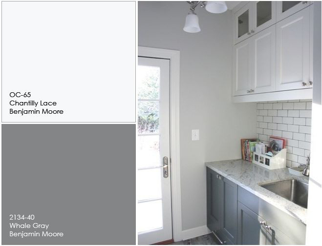 White and Gray Kitchen Cabinet Paint Color. The white upper cabinet paint color is Chantilly Lace OC-65 Benjamin Moore. The gray lower cabinet paint color is Whale Gray 2134-40 Benjamin Moore. Upper and Lower Kitchen Cabinet Paint Color. Two Tone Kitchen Cabinet Paint Color. #BenjaminMoorePaintColors