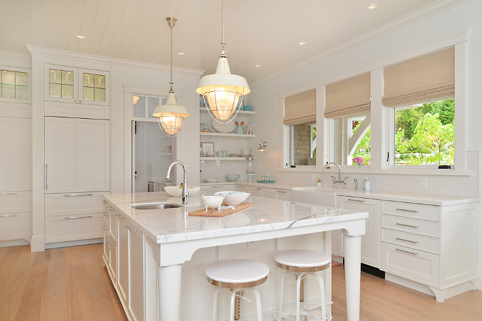 White kitchen with turquoise decor. Sunshine Coast Home Design.