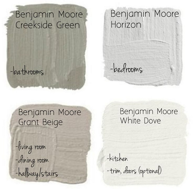 Whole House Color Scheme. Paint Color for Every Room in the House. Creeside Green Benjamin Moore (Bathrooms). Horizon Benjamin Moore (Bedrooms). Grant Beige Benjamin Moore (Living Room, Dining Room). White Dove Benjamin Moore (Kitchen Cabinet, Trim and Doors) #BenjaminMoorePaintColors 