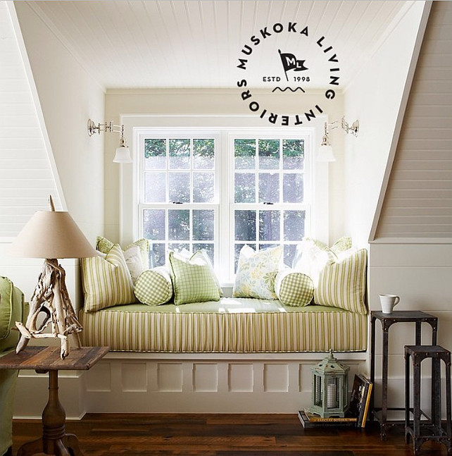 Window seat. Window seat fabric ideas. #Windowseat  #muskokalivinginteriors #muskokalivingprojects #interiordesign #coastalliving #housebeautiful #muskoka #lakerosseau #architecture Muskoka Living Interiors.