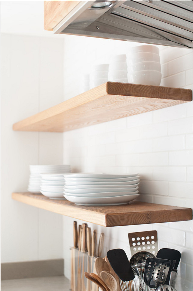 Kitchen Open Shelves. Easy Ideas for Kitchen Open Shelves. We installed steel brackets behind the wall which have steel rods protruding out. The shelf slips over the steel rods giving that "floating" look. #Kitchen #KitchenShelves #OpenShelves