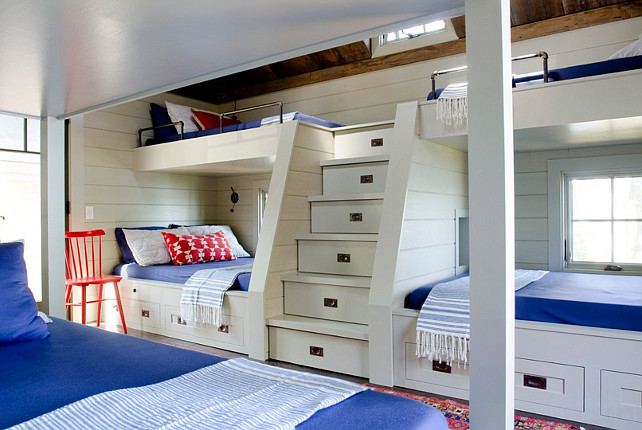 Bunk Bed Size Ideas. Bunk bed sizes. The boys’ bunk room is a study in space planning with a mix of double and twin bunk beds that sleep eight, steps that double as storage drawers and custom wall niches that have their own reading lights and outlets. A John Robshaw throw pillow, a vintage first aid poster and a small child-size chair from Casa Design are amusing accents to the smart red, white and blue color scheme. #BunkRoom #BunkBeds #BunkBedSize Kristina Crestin Design.