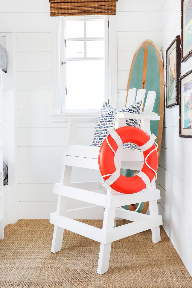 Bedroom Decor Ideas. Kids Bedroom Decor Ideas. Coastal Kids Bedroom Decor Ideas. Coastal kids' bedroom with coastal decor, lifeguard chair and vintage surfboard. #CoastalBedroom #KidsBedroomDecor #CoastalBedroomDecor #KidsCoastalBedroomDecor #CoastalKidsBedroomDecor