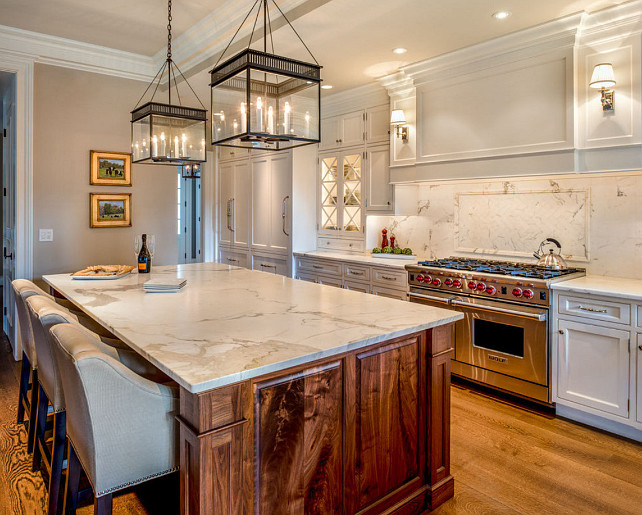 White Kitchen. Inspiring White Kitchen. #WhiteKitchen #CrispWhiteKitchen #Interiors Pendant Lanterns are the "John Street Collection Lantern".