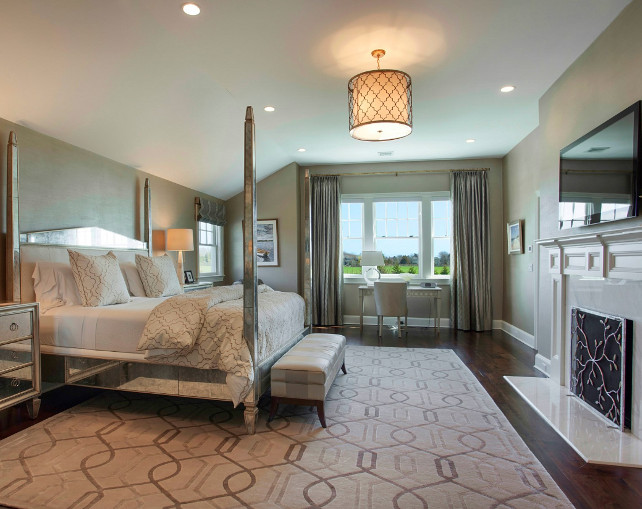 Bedroom. Subtle Moroccan inspired decor is found in the master bedroom. A contemporary interpretation of a traditional quatrefoil pattern can be seen on the bedding and the drum shade pendant by "Regina Andrew". #Bedroom #Quatrefoil #Moroccan