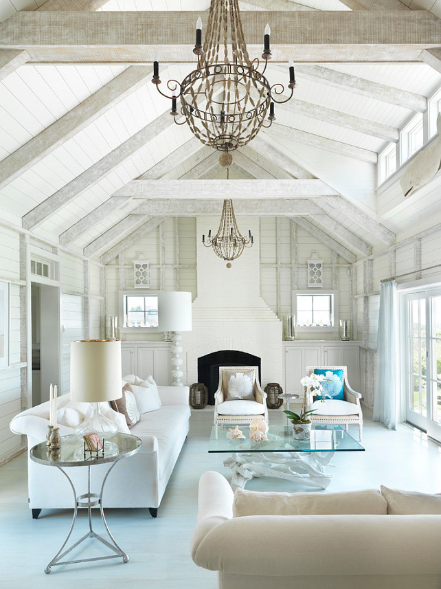 Living Room. Post and Beam Living Room Ceiling. Post and Beam Plank Ceiling. Living Room Ceiling. Coastal Living Room. Living Room Fireplace. White Living Room. Living Room Lighting. Living Room Painted Floors. #LivingRoom 