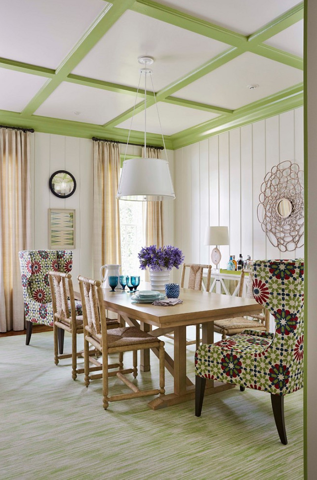 Dining Room. Colorful Dining Room. Dining Room Chair Fabric is Martyn Lawrence Bullard. Trim is painted in Woodland Hills Green by Benjamin Moore. #DiningRoom #DiningRoomChair #ChairFabric #MartynLawrenceBullardFabric