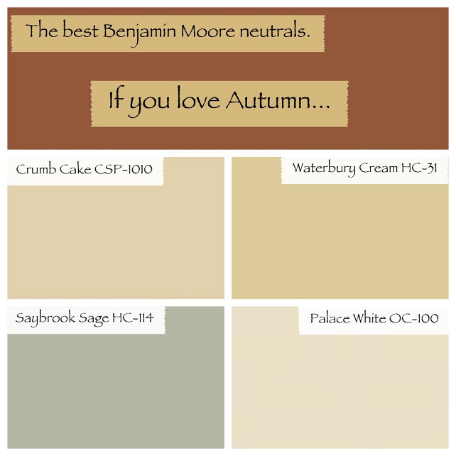 Warm Paint Color. Neutral Warm Benjamin Moore Paint Color. Crumb Cake Benjamin Moore. Waterbury Cream Benjamin Moore. Saybrook Sage Benjamin Moore. Palace White Benjamin Moore. #BenjaminMoorePaintColors Via Wrez-Zen..jpg