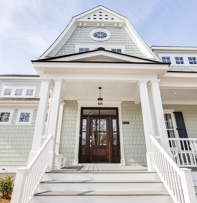 Pale Gray Shingle Home. Beach House Shingle Paint Color Ideas. Beach house with exterior singles painted in a pale gray paint color. 2015 Coastal Virginia Magazine Idea House #ShinglePaintColor #BeachHouse #ExteriorPaintColor #PaleGray