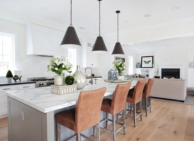 Large Gray Kitchen Island Layout. long kitchen island long center island gray kitchen island grey center island long grey kitchen island black island pendants black kitchen pendants gray and white marble grey and white marble countertop leather counter stools 4 island stools satin nickel faucet satin nickel kitchen faucet white kitchen hood white brick tiles white brick tile backsplash white kitchen cabinets black countertops #kitchen #KitchenIsland