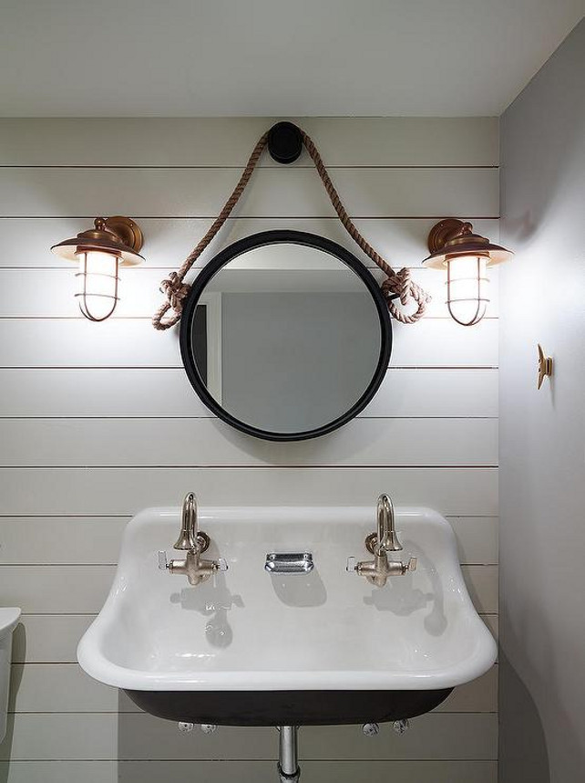 Nautical Bathroom. nautical bathroom rope mirror rope bathroom mirror copper cage sconces copper nautical sconces shared boys bathroom shared bathroom bathroom design bathroom ideas shiplap bathroom shiplap walls shiplap walls Restoration Hardware iron and Rope Mirror Shophouse Design.