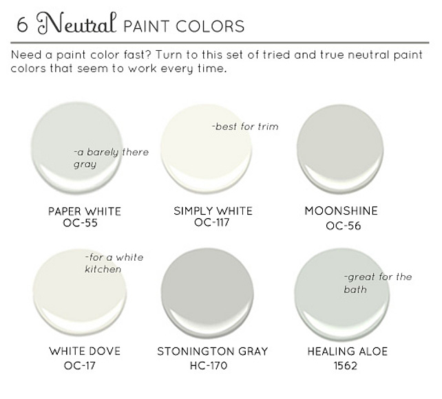 Neutral Paint Colors. Paper White OC-55 Benjamin Moore. Simply White OC-117 Benjamin Moore. Moonshine OC-56 Benjamin Moore. White Dove OC-17 Benjamin Moore. Stonington Gray HC-170 Benjamin Moore. Healing Aloe 1562 Benjamin Moore. #BenjaminMoorePaperWhite #BenjaminMooreSimplyWhite #BenjaminMooreMoonshine #BenjaminMooreWhiteDove #BenjaminMooreStoningtonGray #BenjaminMooreHealingAloe #BenjaminMooreNeutrals #BenjaminMoorePaintColors Via The Estate of Things.