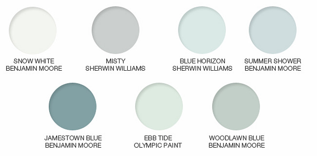 Beach House Paint Color. Snow White Benjamin Moore. Misty Sherwin Williams. Blue Horizon Sherwin Williams. Summer Shower Benjamin Moore. Jamestown Blue Benjamin Moore. Ebb Tide Olympic Paint. Woodlawn Blue Benjamin Moore. Beach House Paint Colors. Beach House Paint Color Ideas. #BeachHouse #Coastal #PaintColors #BenjaminMoorePaintColors #SherwinWilliamsPaintColors Via 1800Lighting.